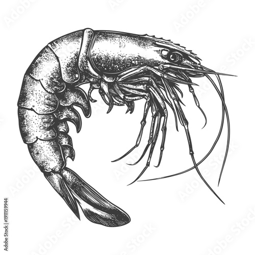 A detailed black and white artistic drawing of a large shrimp
