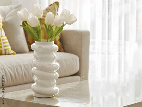 White ceramic vase with tulips placed on a coffee table in a modern living room featuring a light-colored sofa and decorative pillows in the background