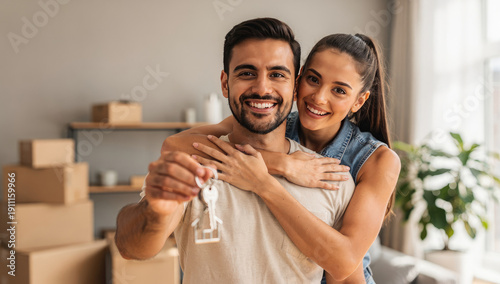 Portrait of a Happy Young Couple Celebrating Moving into a New Home, Man Holding up House Keys with Smiling Woman Hugging Him in Bright Room