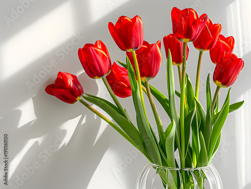 Red tulips arranged in a clear glass vase with green stems, casting shadows on a white wall in bright natural light