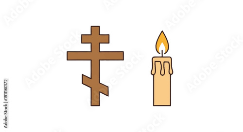 Brown cross and lit candle on white background flame symbol 1