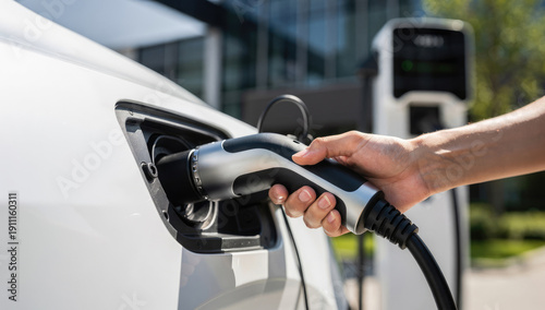 Close-up of a Person's Hand Plugging a Charging Cable into an Electric Car at a Public Charging Station, Sustainable Transportation and Clean Energy Concept