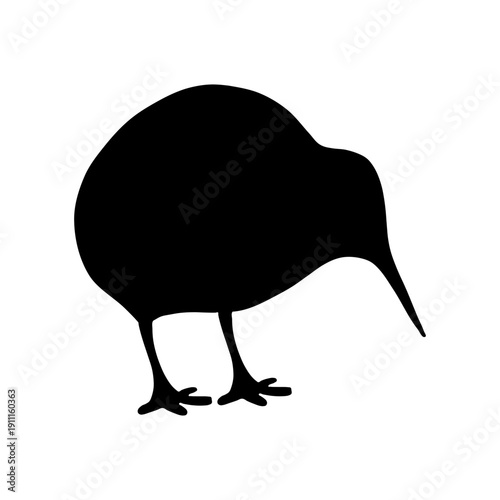 Black kiwi bird icon in flat style. Simple flightless bird silhouette representing New Zealand wildlife, nature, and national symbol themes. Perfect for travel, fauna, conservation, or designs