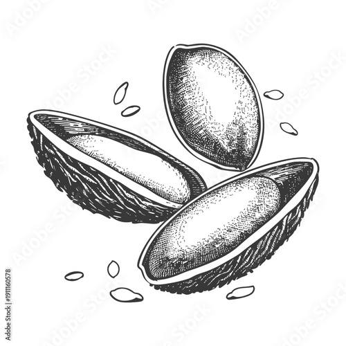Detailed engraved depiction of three almond nuts and seeds
