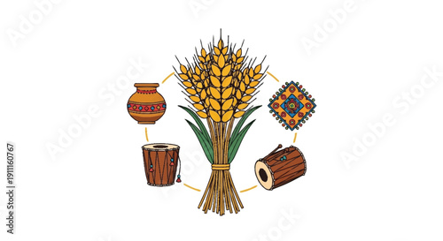 Bunch of wheat surrounded by Indian musical instruments and decorative traditional