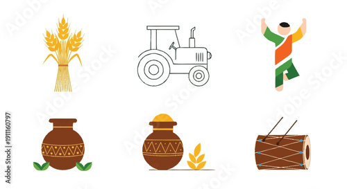 Bunch of wheat tractor man celebrating pots drum harvest festival celebration 1