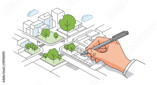 Hand drawing isometric urban planning concept with green spaces
