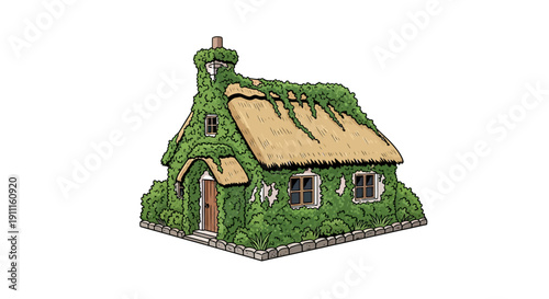 Charming cottage covered in greenery and thatched roof design