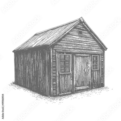 A detailed illustration of a rustic wooden storage shed building
