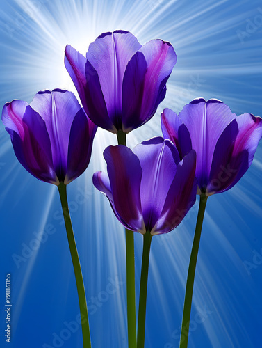 Group of vibrant purple tulips with white accents illuminated by sunlight against a blue background, showcasing their delicate petals and green stems