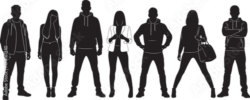 Black silhouettes of seven people in various poses on white background standing