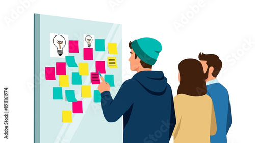 Creative team brainstorming ideas with colorful sticky notes on whiteboard
