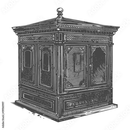 An ornate vintage architectural structure depicted through detailed engraving