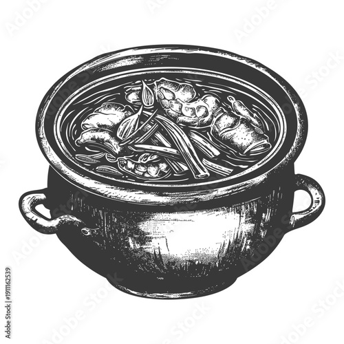A vintage illustration of a pot full of cooked food