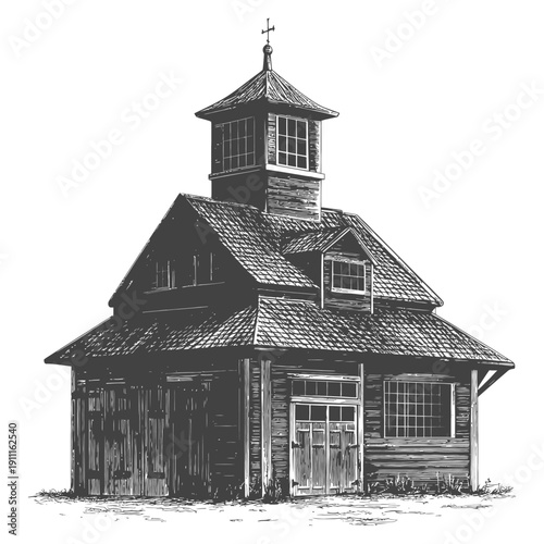 An illustration depicting a wooden building with a distinctive cupola