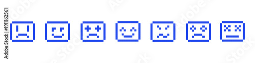 Emoticons line. Abstract Y2k inspired pixel faces with different emotions. Various simple characters in pixel art style. Set of vector emoticon. Smile, laugh, sad face emoji on white background