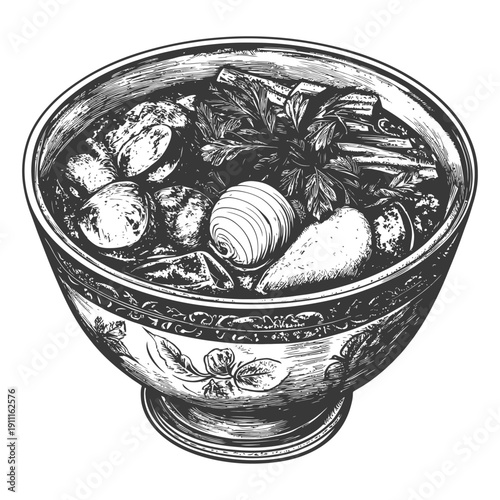 A decorative bowl filled with a flavorful soup or stew