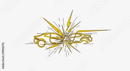 Car accident illustration collision depiction in minimalist yellow lines