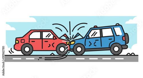 Car accident illustration collision of red sedan and blue suv on road