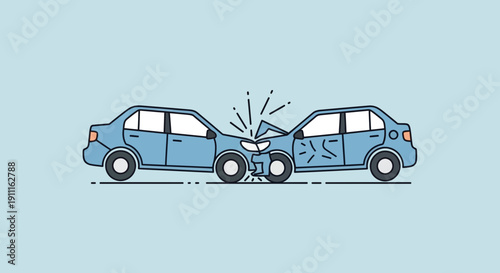 Car accident illustration collision of two vehicles on light blue background