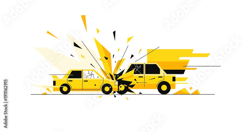 Car accident illustration collision of yellow vehicles isolated on white background