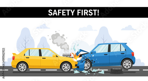 Car accident illustration collision on road with safety first message