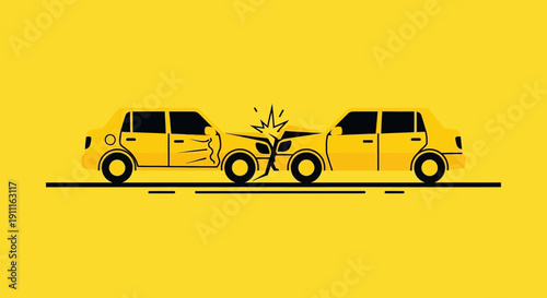 Car accident illustration two yellow cars colliding on yellow background