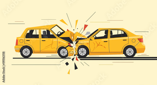 Car accident illustration two yellow vehicles collide on a light background