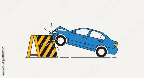 Car accident illustration vehicle crashes into road barrier with impact