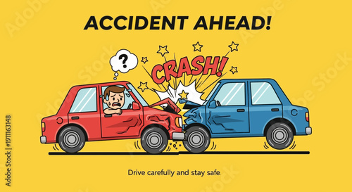 Car accident illustration warning sign of colliding vehicles and driver