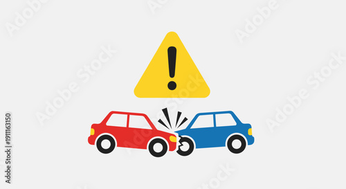 Car accident illustration warning symbol and two colliding vehicles