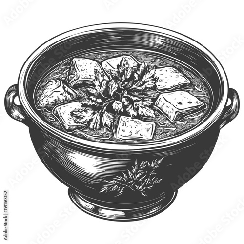 A Bowl Filled With Soup Containing Meat And Herbs