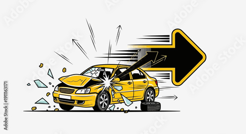 Car accident illustration with broken glass and a directional arrow