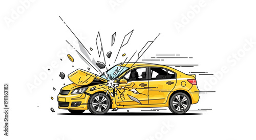 Car accident illustration yellow vehicle collides isolated on white background
