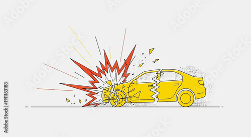 Car accident illustration yellow vehicle damaged after collision on white background