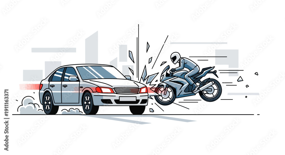 Naklejka premium Car and motorcycle collision illustration depicting accident and crash
