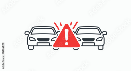 Car accident warning two vehicles with red alert symbol on white background