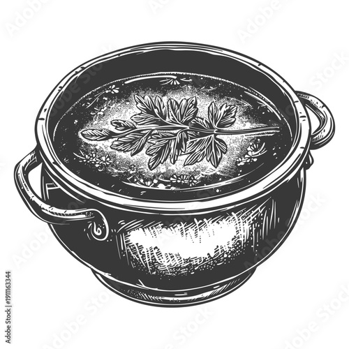 A large bowl filled with soup and green herb garnish