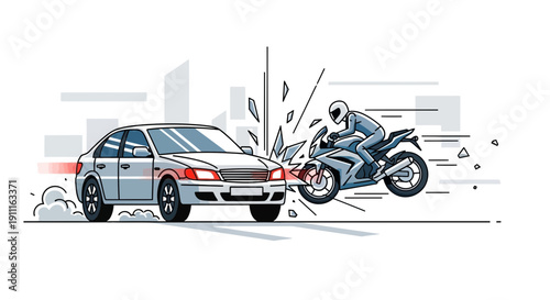 Car and motorcycle collision illustration depicting accident and crash