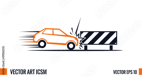 Car collision vector graphic with speed motion lines and damaged barrier