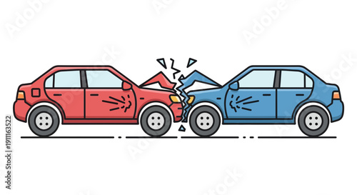 Car crash illustration red and blue vehicles colliding head on isolated