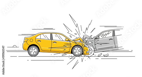 Car crash illustration yellow and gray vehicles collide on white background