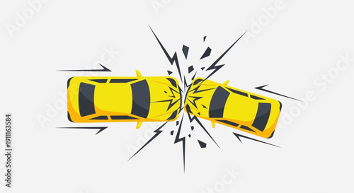 Cartoon collision two yellow cars crash concept traffic accident isolated