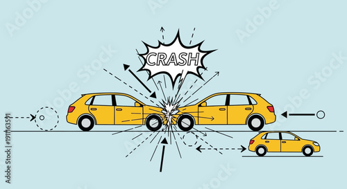 Cartoon illustration of a car crash depicting vehicle collision concept