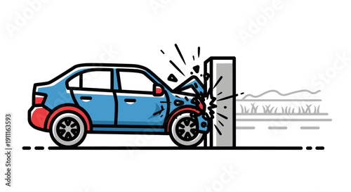 Cartoon illustration of a car crashing into a concrete barrier