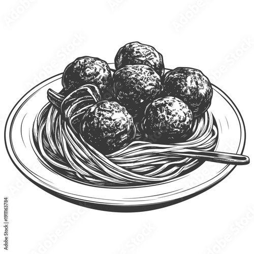 A detailed illustration showing spaghetti and meatballs on a plate