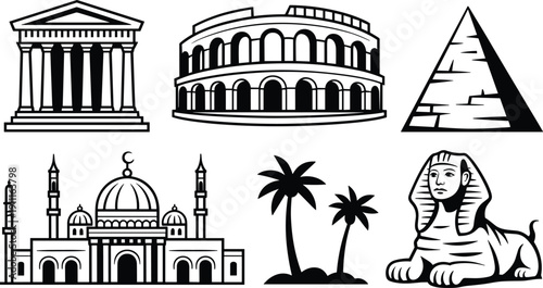 Ancient world landmarks illustration set, historic monuments collection pyramids colosseum temple mosque sphinx travel tourism architecture icons isolated design