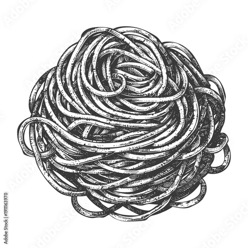 An artistic black and white illustration of a cooked pasta nest