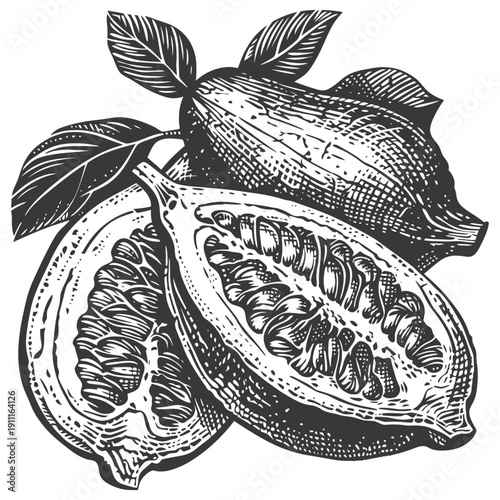 Botanical illustration of cocoa pods with leaves displayed in detail
