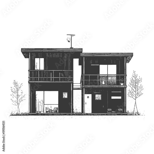 A modern two story house with outdoor balconies and detailed lines